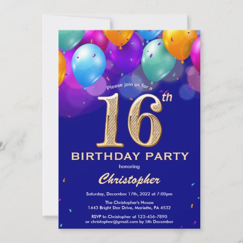 16th Birthday Navy Blue and Gold Colorful Balloons Invitation