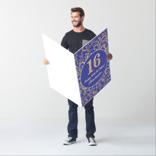 16th Birthday Navy Blue and Gold Floral Pattern Card