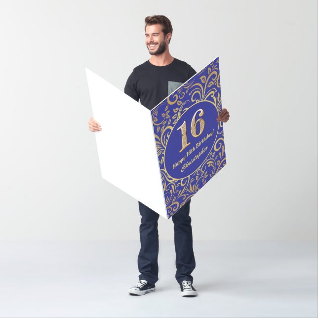 16th Birthday Navy Blue and Gold Floral Pattern Card (In Situ)