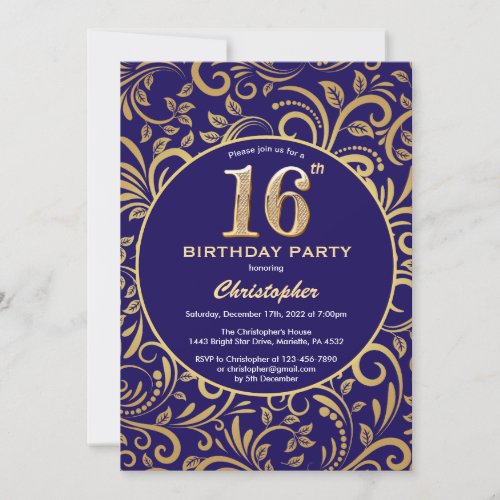 16th Birthday Navy Blue and Gold Floral Pattern