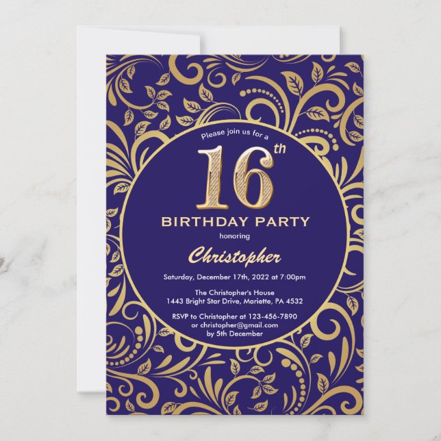 16th Birthday Navy Blue and Gold Floral Pattern Invitation (Front)