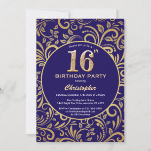 16th Birthday Navy Blue and Gold Floral Pattern Invitation