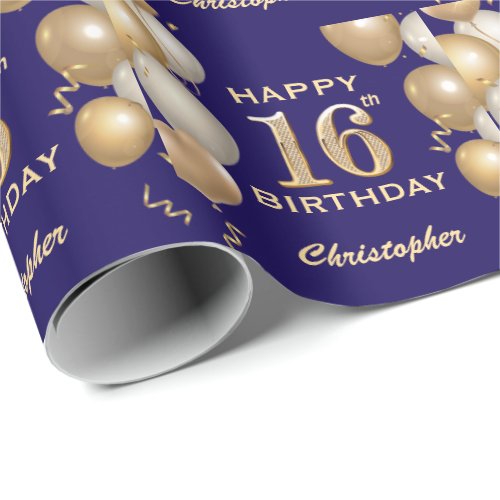 16th Birthday Navy Blue and Gold Glitter Balloons Wrapping Paper