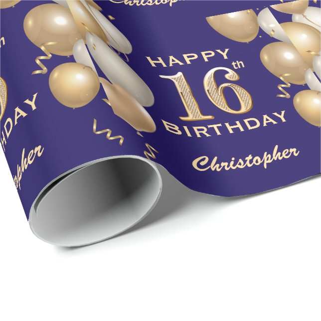16th Birthday Navy Blue and Gold Glitter Balloons Wrapping Paper (Roll Corner)