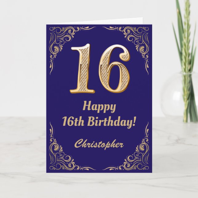 16th Birthday Navy Blue and Gold Glitter Frame Card (Front)