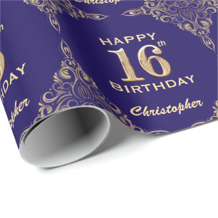 16th Birthday Navy Blue and Gold Glitter Frame Wrapping Paper