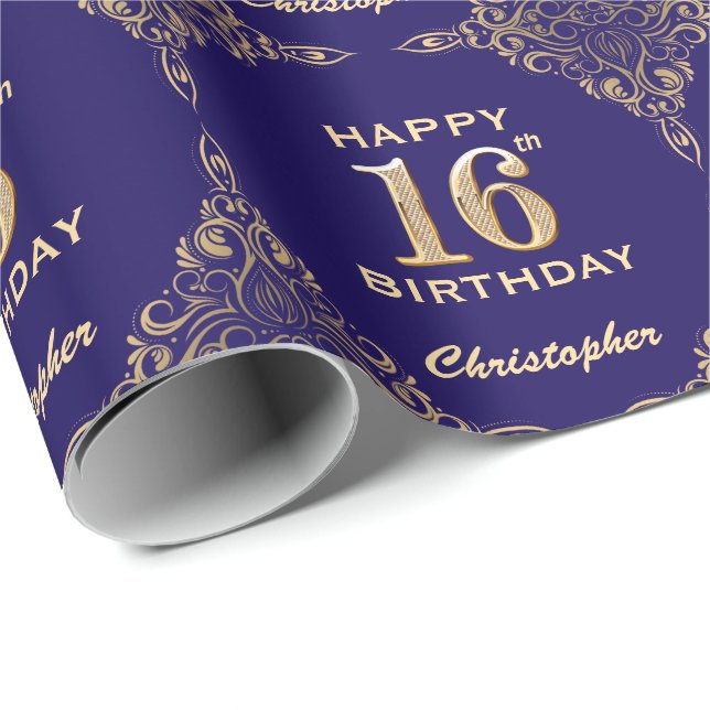 16th Birthday Navy Blue and Gold Glitter Frame Wrapping Paper (Roll Corner)