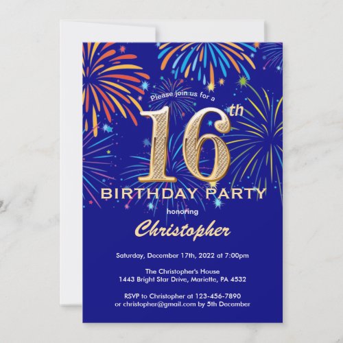 16th Birthday Navy Blue and Gold Rainbow Fireworks Invitation