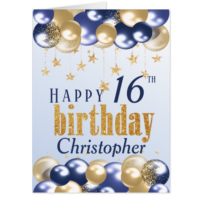 16th Birthday Navy Gold Glitter Jumbo Card (Front)