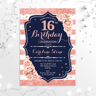 16th Birthday - Navy Rose Gold and White Stripes Invitation