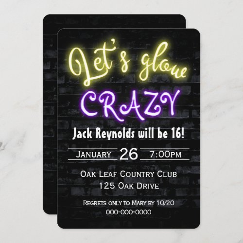 16th Birthday Neon Glow Sign on Brick Wall Invitation