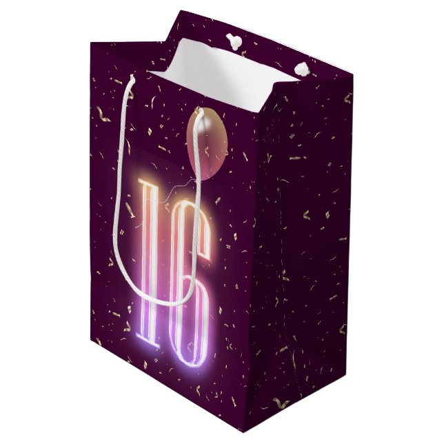 16th Birthday Neon Sign and Confetti  Medium Gift Bag (Front Angled)