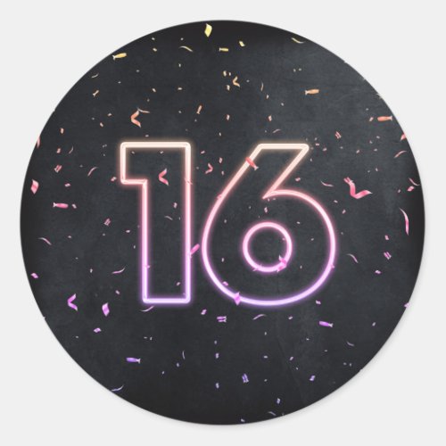 16th Birthday Neon Sign On Black Classic Round Sticker
