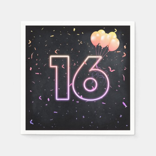 16th Birthday Neon Sign On Black Napkins