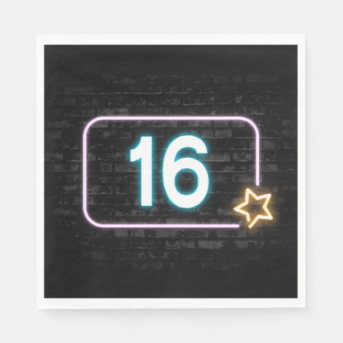 16th Birthday Neon Sign On Brick Napkins