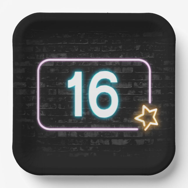 16th Birthday Neon Sign On Brick Paper Plates (Front)