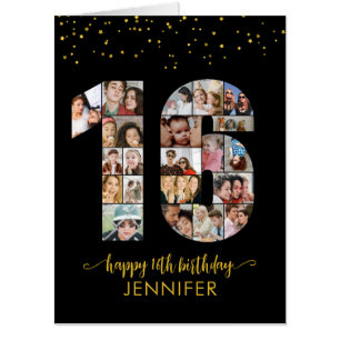 16th Birthday Number 16 Custom Photo Collage Black Card