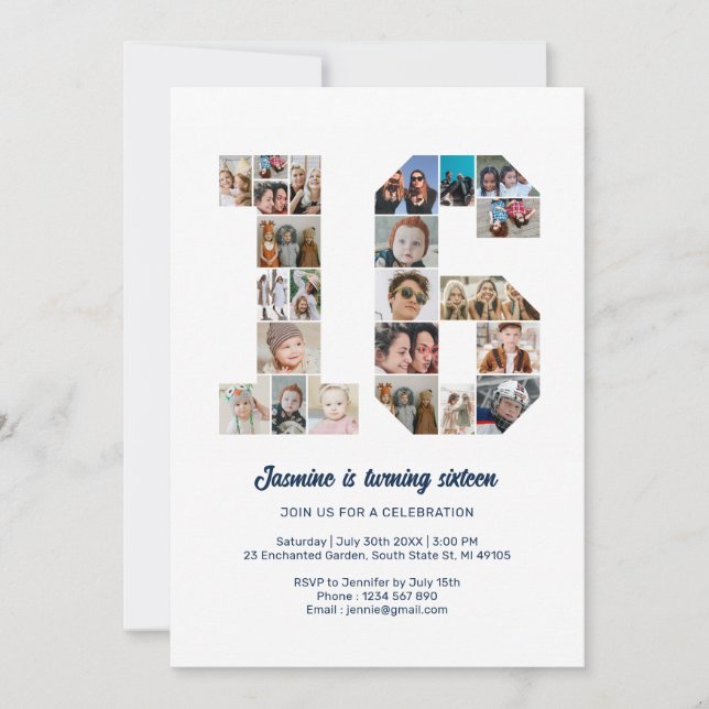 16th Birthday Number 16 Custom Photo Collage Invitation (Front)