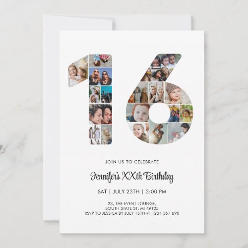 16th Birthday Number 16 Custom Photo Collage Invitation