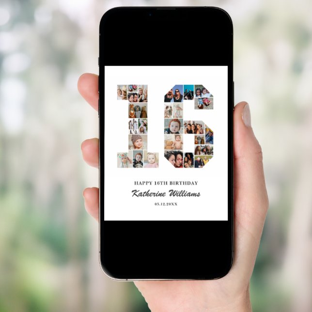 16th Birthday Number 16 Custom Photo Collage Poster (Front Digital)