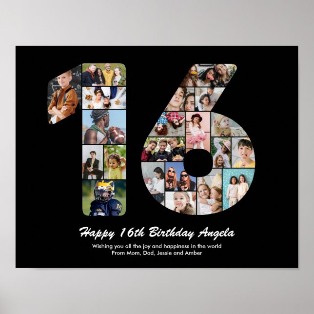16th Birthday Number 16 Custom Photo Collage Poster (Front)