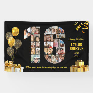 16th Birthday Number 16 Photo Collage Black Gold Banner