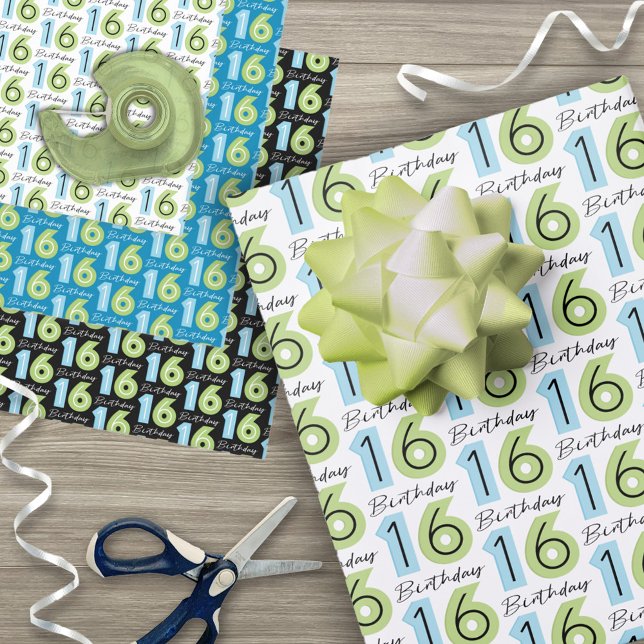16th Birthday Numbers Green Blue Wrapping Paper Sheets (Creator Uploaded)