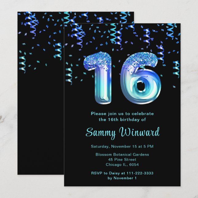 16th Birthday Ocean Balloons with Confetti Invitation (Front/Back)