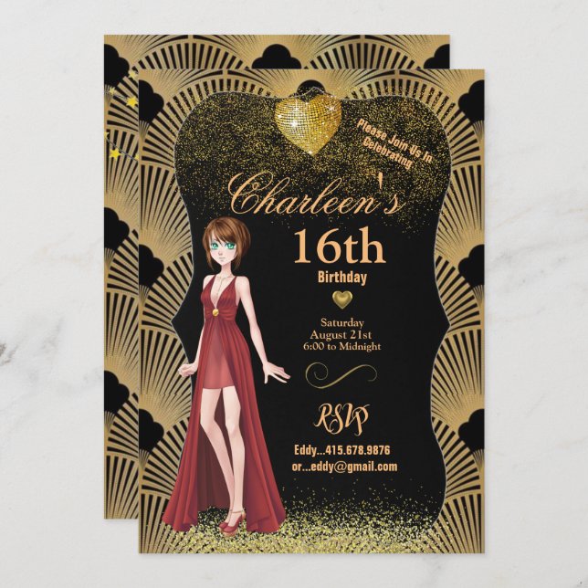 16th Birthday Party Art Deco Gatsby Girl Invitation (Front/Back)