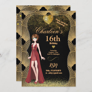16th Birthday Party Art Deco Gatsby Girl Invitation