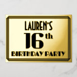 [ Thumbnail: 16th Birthday Party: Art Deco Look “16” and Name Invitation ]