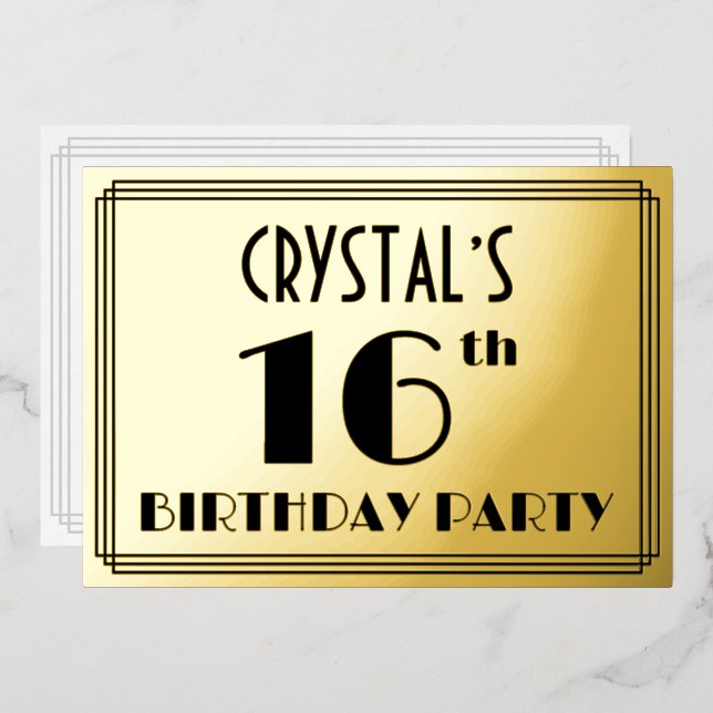 16th Birthday Party — Art Deco Look “16” + Name Foil Invitation (Front/Back)
