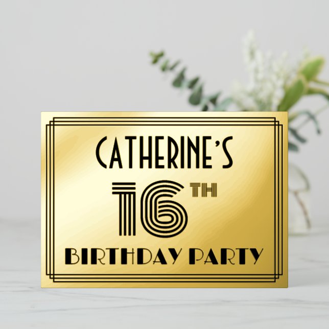 16th Birthday Party — Art Deco Style “16” & Name Foil Invitation (Standing Front)