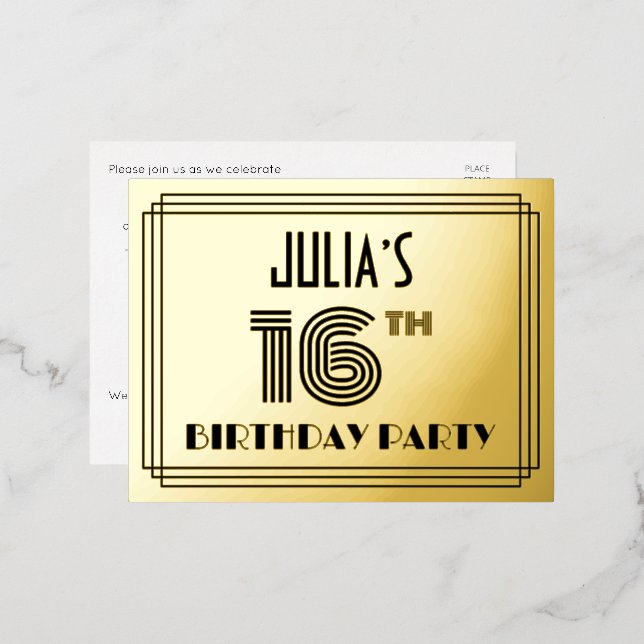 16th Birthday Party ~ Art Deco Style “16” + Name Foil Invitation Postcard (Front/Back)
