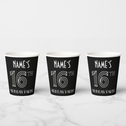 16th Birthday Party Art Deco Style  Custom Name Paper Cups