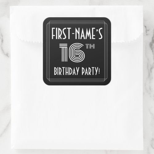 16th Birthday Party Art Deco Style  Custom Name Square Sticker