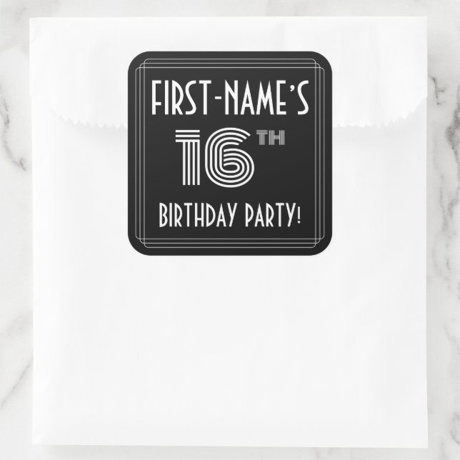 16th Birthday Party: Art Deco Style & Custom Name Square Sticker (Bag)