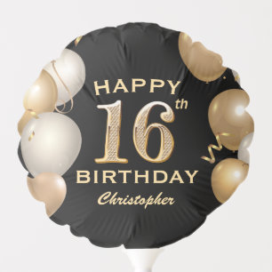 16th Birthday Party Black and Gold Balloons
