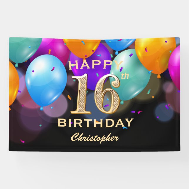 16th Birthday Party Black and Gold Balloons Banner (Horizontal)