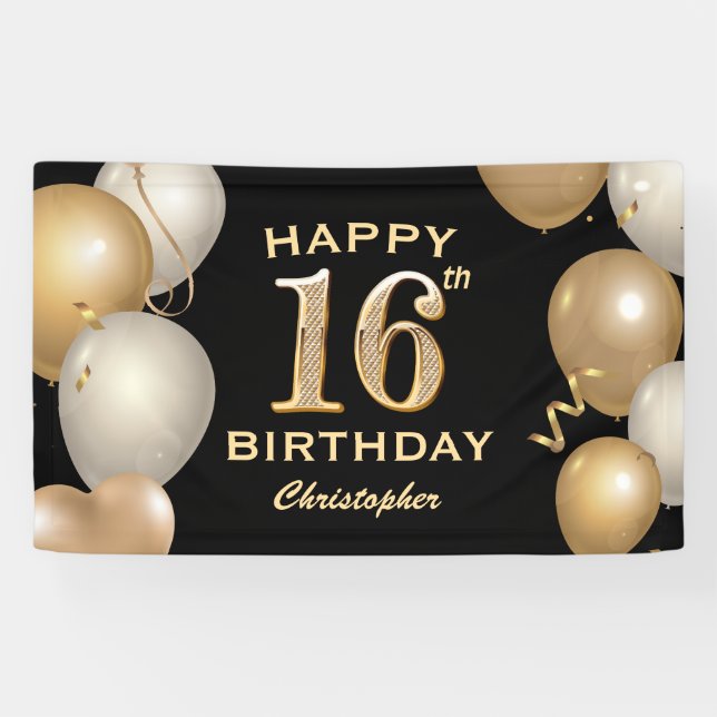 16th Birthday Party Black and Gold Balloons Banner (Horizontal)