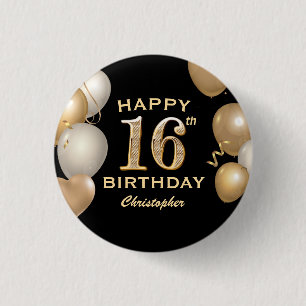 16th Birthday Party Black and Gold Balloons Button