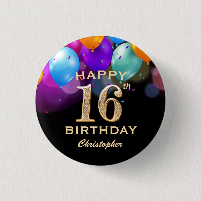 16th Birthday Party Black and Gold Balloons Button (Front)