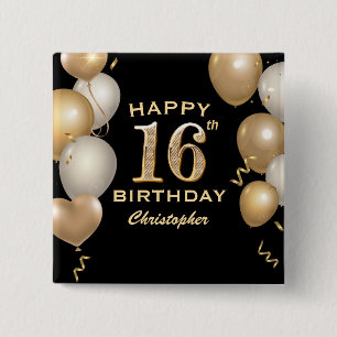 16th Birthday Party Black and Gold Balloons Button