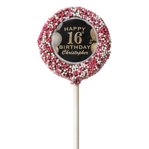 16th Birthday Party Black and Gold Balloons Chocolate Covered Oreo Pop