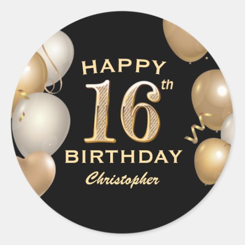 16th Birthday Party Black and Gold Balloons Classic Round Sticker