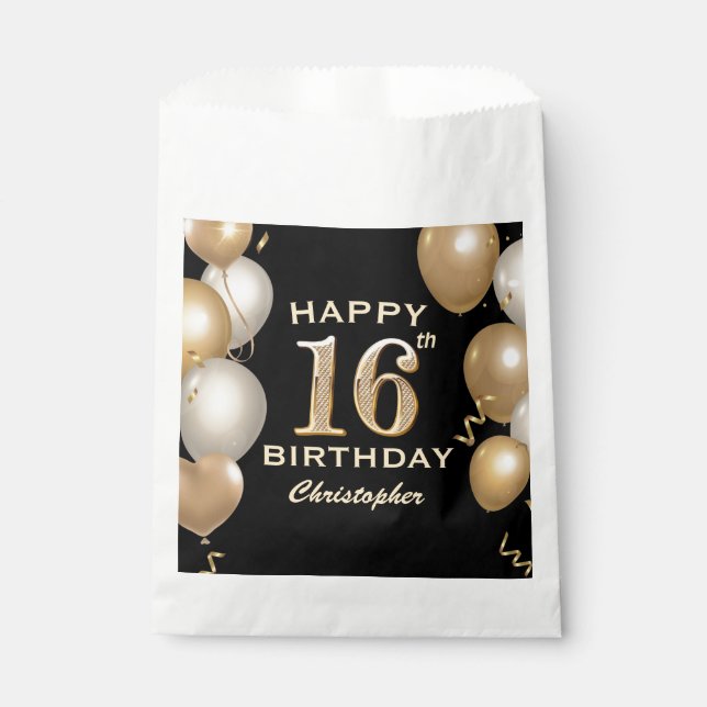16th Birthday Party Black and Gold Balloons Favor Bag (Front)