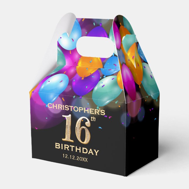 16th Birthday Party Black and Gold Balloons Favor Boxes (Front Side)