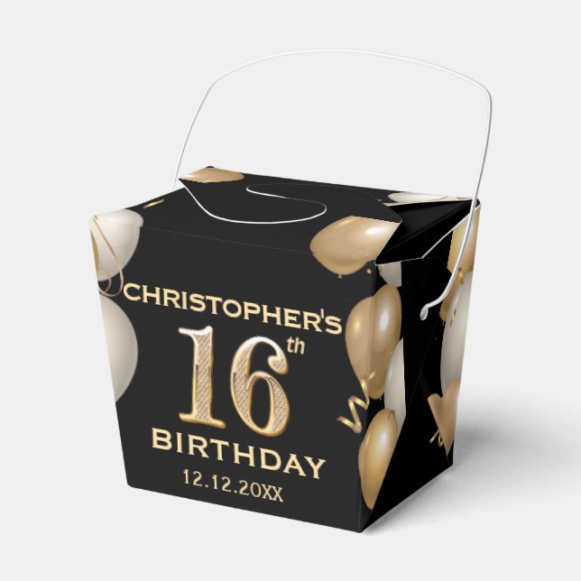 16th Birthday Party Black and Gold Balloons Favor Boxes (Front Side)