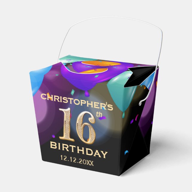 16th Birthday Party Black and Gold Balloons Favor Boxes (Front Side)