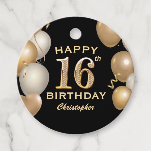 16th Birthday Party Black and Gold Balloons Favor Tags